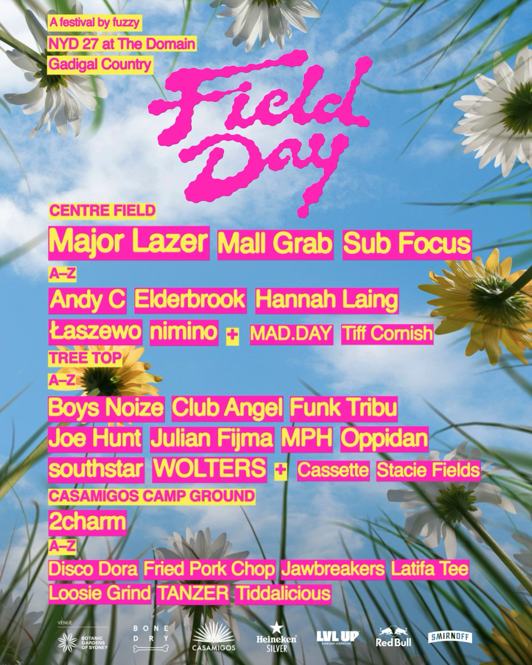 Field Day NYD 27 festival poster at The Domain featuring Major Lazer, Mall Grab, and Sub Focus against a blue sky with daisies.
